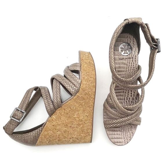 Tory Burch Taupe Reptile Embossed Leather Strappy Cork Wedge Sandals Size 10.5 - Picture 16 of 16